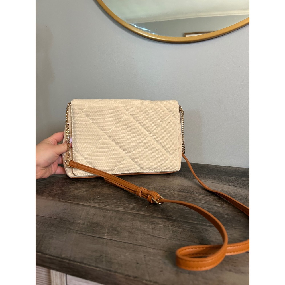 A New Day Cream Quilted Canvas Crossbody Bag Cognac Brown Trim Gold Chain Strap